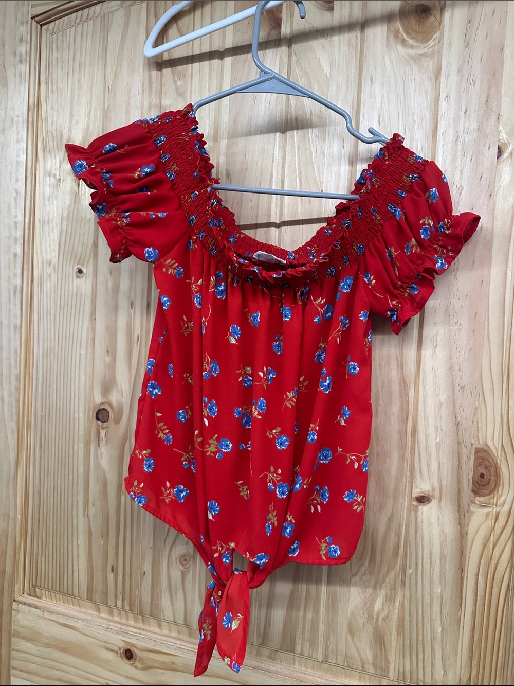 Sienna Sky Red Floral Smocked Off-Shoulder Tie-Hem Blouse
